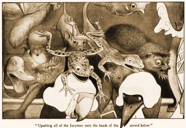 Forstyrrede alle jurymændene på hovedet af mængden nedenfor, illustration til Lewis Carrolls Alices Adventures in Wonderland, 1901